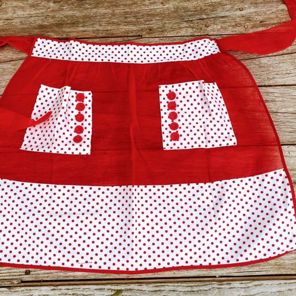 Vintage Half Apron Organdy Red Polka Dot - Picture 2 of 9